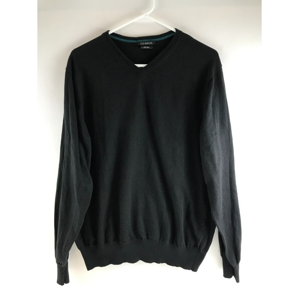 George Sweater Men's Size XL 46/48 Black Pullover V-neck Wool Blend Long Sleeve